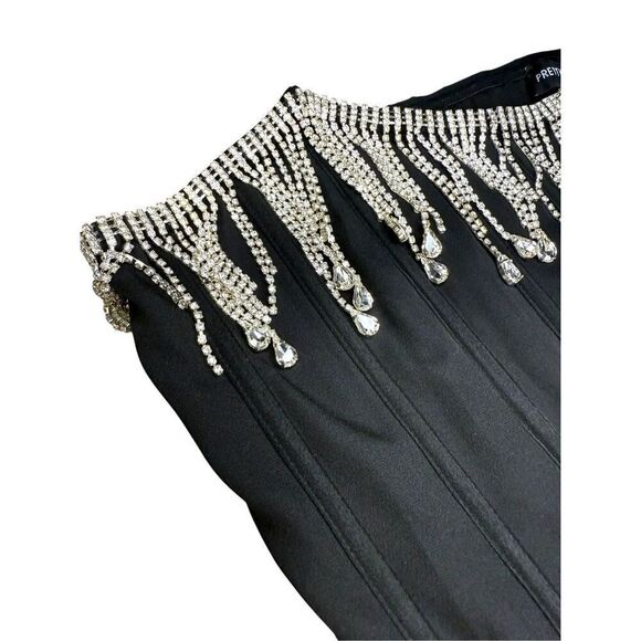 Pretty Little Thing Women’s 14 Black Diamanté Fringe Detail Corset Top NEW - Picture 3 of 7